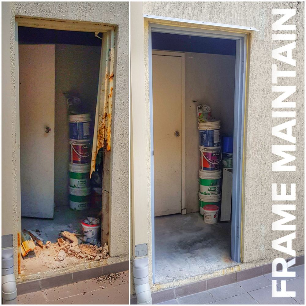 Frame replacement before and after — corroded frame removed, new frame installed